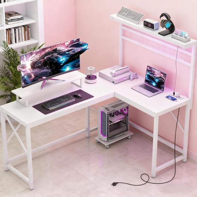 61.6'' L Shaped Gaming Desk with Power Outlets &amp LED Lights Reversible Computer Table with Monitor Stand and CPU Shelf Cornor Office Table PC Desk for Writing Study (White)