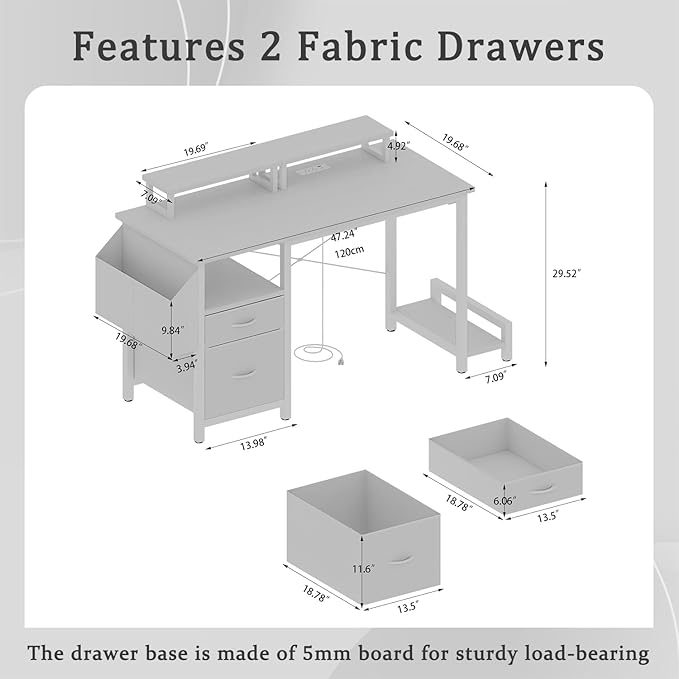 Computer Desk with File Drawers Cabinet 47 Inch Reversible Home Office Desks with Filing CabinetPower Outlet2 Monitor Stands for Small Space Gaming Study Writing Table PC Desks (White)