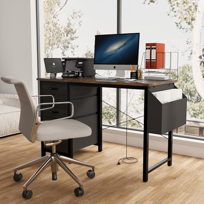 Office Desk with Power Outlet3drawers and Side Pocket Easy to AssembleFrame Stability Reversible for Home Office StudyRustic Brown