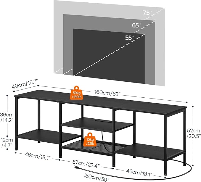 HOOBRO TV Stand with Power Outlets to 75 Inches TV Console Table with Open Storage Shelves Cabinet Industrial Media Entertainment Center for Living Room Bedroom Black BB60DS01
