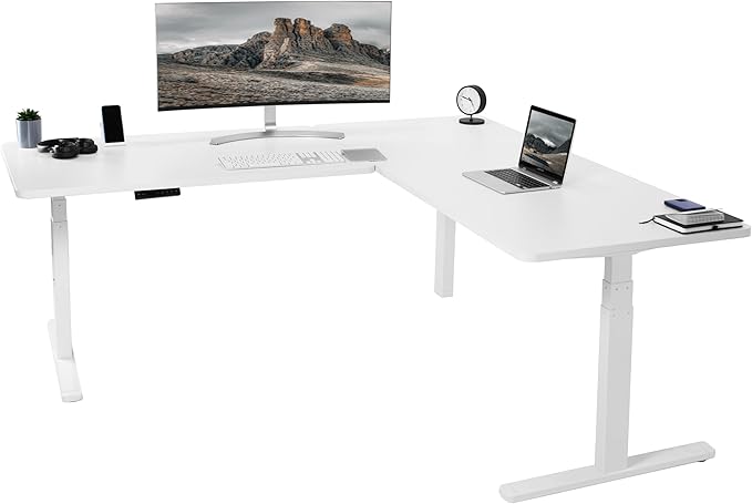 VIVO Electric Height Adjustable 77 x 71 inch Corner Stand Up Desk 2 White 30 inch Deep Table Tops White Frame Memory Controller L-Shaped Workstation 3E Series DESK-KIT-3E7W