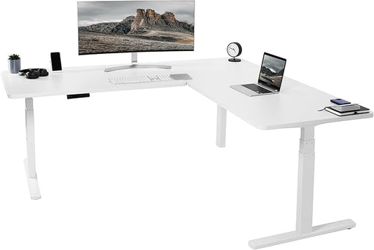 VIVO Electric Height Adjustable 77 x 71 inch Corner Stand Up Desk 2 White 30 inch Deep Table Tops White Frame Memory Controller L-Shaped Workstation 3E Series DESK-KIT-3E7W