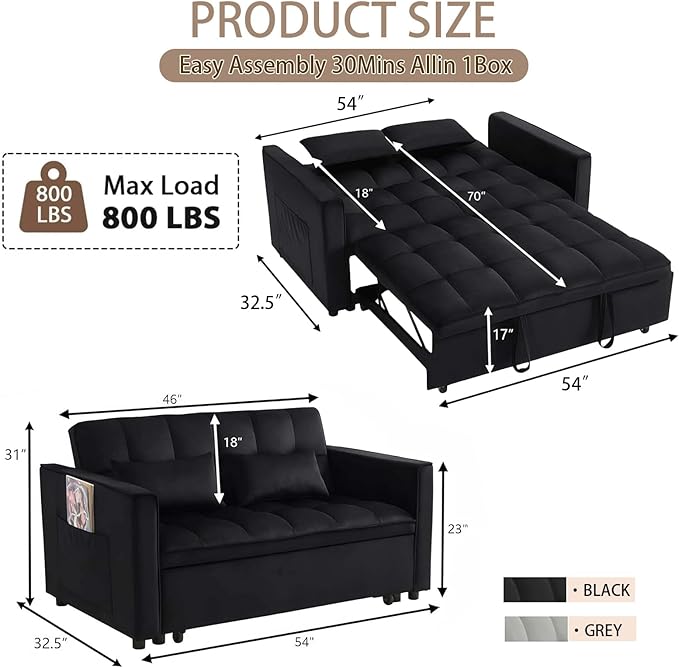 54 Convertible 3 in 1 Sofa Bed | Pull Out Sleeper Couch for Living Room | Foldable Loveseat Sleeper Sofa Bed | Space Saving Design for Apartment and Bedroom (Black)