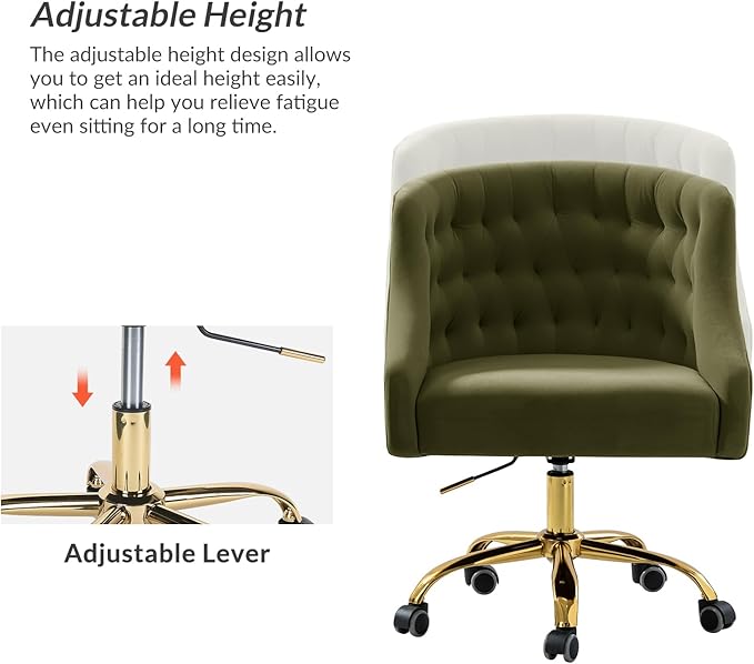TINA'S HOME Velvet Home Office Chair with Gold Base Comfortable Modern Cute Desk Chair Adjustable Swivel Task Chair for Living Room Bedroom Vanity Study Moss