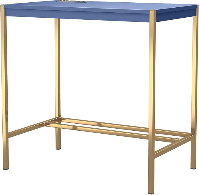 24/7 Shop at Home Fultonville Modern Metal Writing Desk with USB Port Power Outlet for Workstation Home Office Study Room Blue and Gold