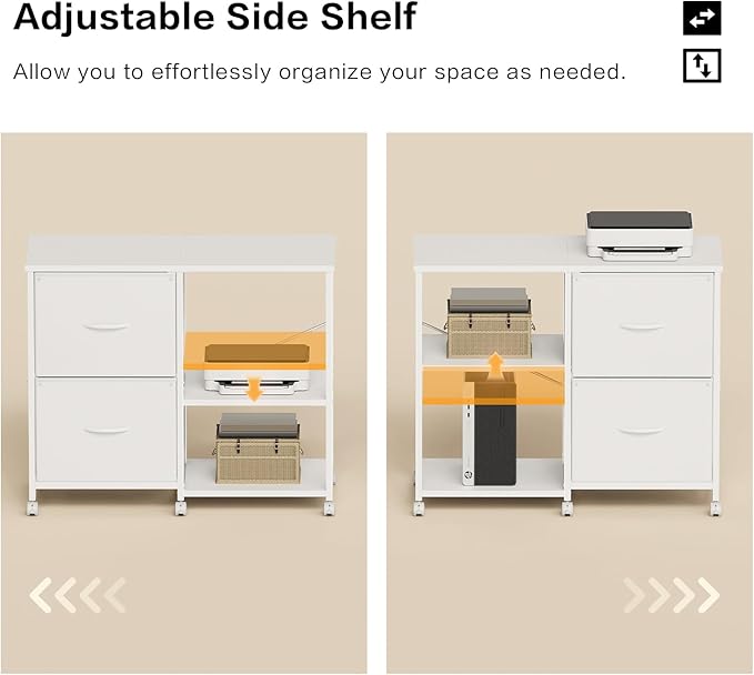 2-Drawer Fabric Lateral File Cabinet with Wheels Rolling Printer Stand with Open Storage Shelf for Home Office White