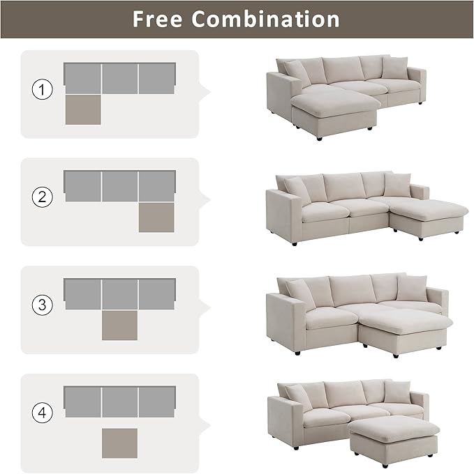 100.4 Modern Sectional Sofa with Ottoman - 3-Seat L-Shape Sofa Upholstered Fabric Couch Set for Living Room Apartment Office - Beige