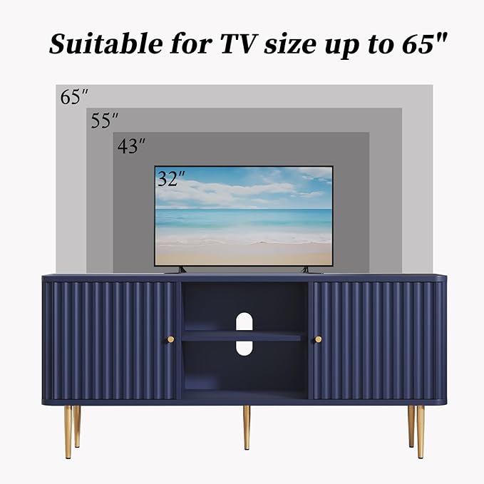 ARTPOWER 55” Fluted TV Stand Mid Century Modern Blue TV Stand for 55/60/65 inch TV Entertainment Center with Storage Television Stands TV Console Media Console for Living Room Bedroom (Blue)