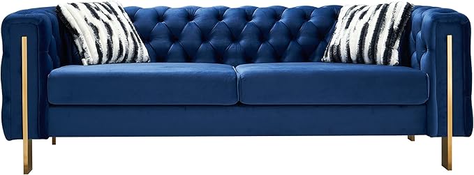 Chesterfield Modern Tufted Velvet Living Room Sofa with High Armrest and Metal Legs Decor 84.25''W 3 Seater Couch Couches Furniture for Bedroom Office (Blue)