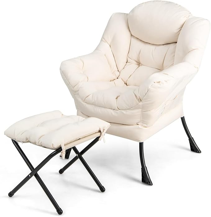 DORTALA Modern Lazy Chair with Ottoman Single Sofa Chair w/Side Pocket and Armrests Soft Upholstered Modern Leisure Chairs Set Suitable for Living Room Bedroom Beige