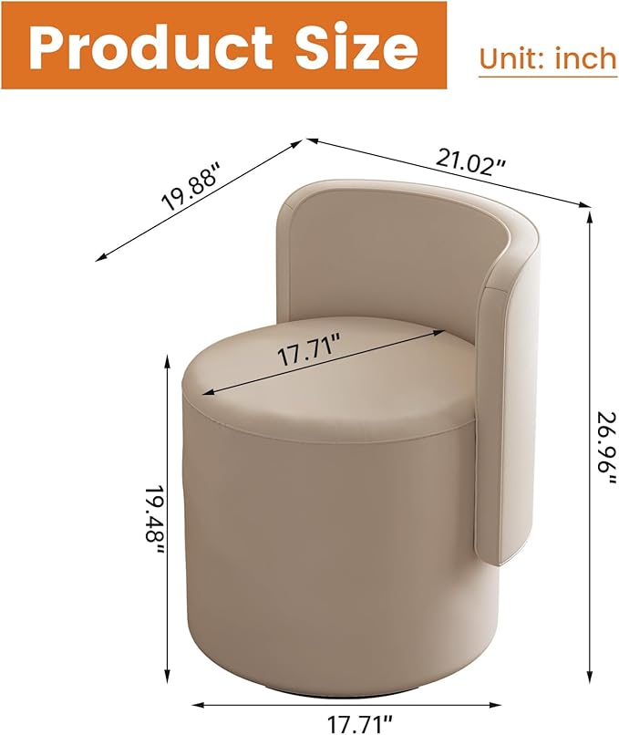 360° Swivel Vanity Chair with Back Modern Upholstered Leather Makeup Chair Comfortable Armless Accent Stool for Bedroom Living Room or Dressing Table Gray