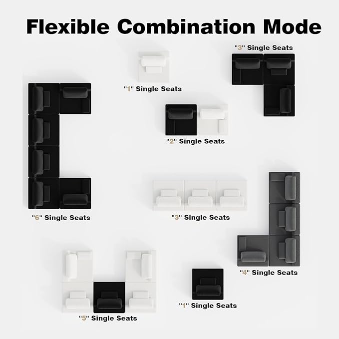 Modular Oversized Boneless Sectional Sofa - Convertible Compressed Couch Set Luxury Deep Foam Seat Free Combination &amp 3 Colors for Living Room (Grey 1 Seater)