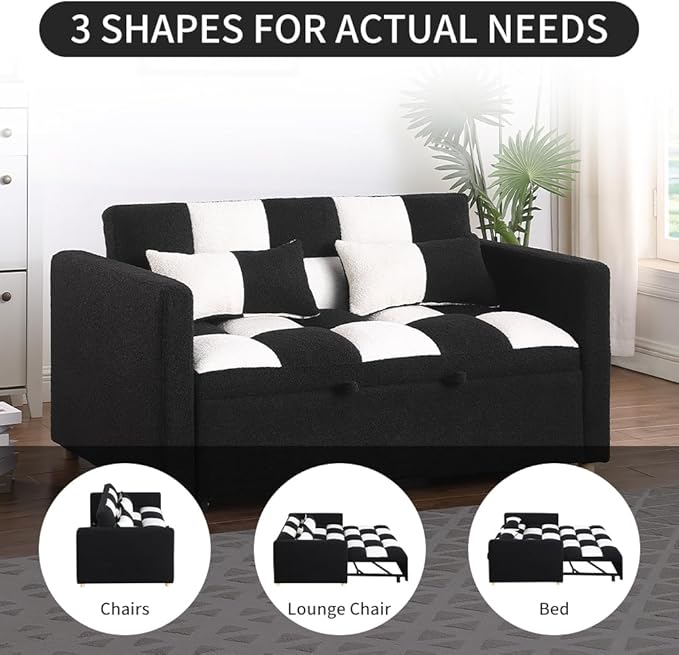 Loveseat Sleeper Sofa- Convertible Sofa Bed3 in 1 Pull Out Couch with Adjustable BackrestMulti-Functiona Lounge Chair with Teddy Fabric for Living RoomSmall Space (Black White)