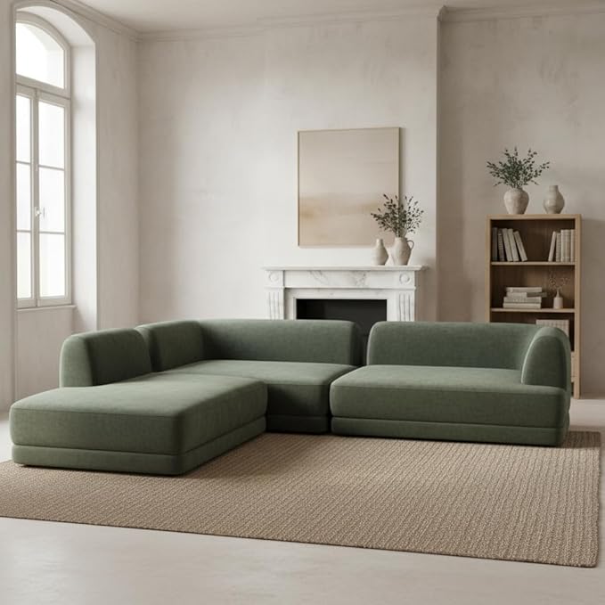 Merax 115 Modern L-Shaped Sectional Sofa with High-Density Fully Compressed Sponge and Chaise Lounge Deep Seating 3-Piece Set Fully Assembled Right Hand Facing for Living Room Lounge Green