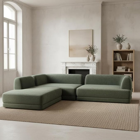 Merax 115 Modern L-Shaped Sectional Sofa with High-Density Fully Compressed Sponge and Chaise Lounge Deep Seating 3-Piece Set Fully Assembled Right Hand Facing for Living Room Lounge Green