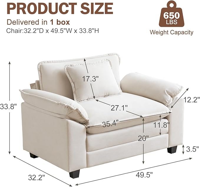 CDCASA Oversized Accent Chair Velvet Comfy Cloud Chair with Large Seat and Upholstered Armrests Modern Extra Wide Armchair Reading Chairs for Bedroom Living Room Office Beige