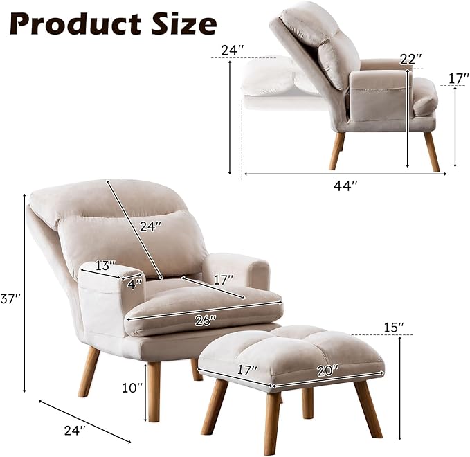Accent Chair with Ottoman Comfy Reading Chair Armchair with Adjustable Backrest and Side Pockets Soft Fabric Leisure Sofa for Bedroom Living Room Dorm Rooms Garden Beige