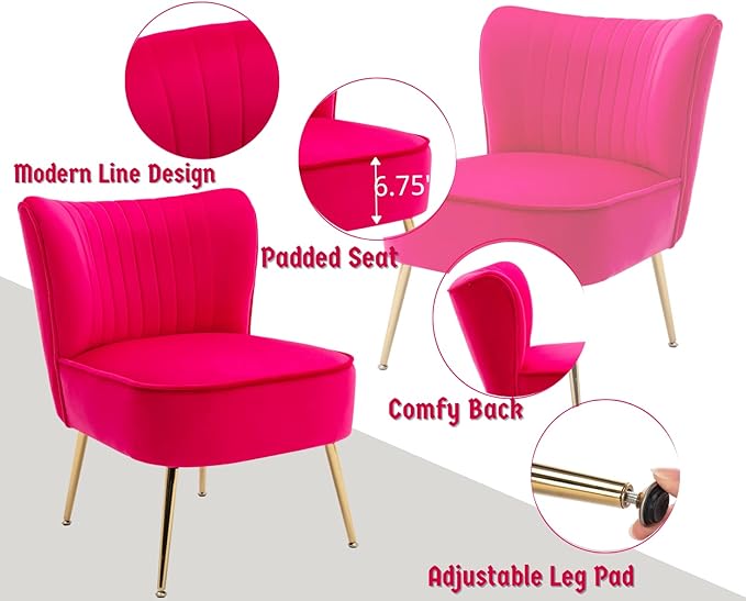 CIMOTA Velvet Accent Chairs Set of 2 Modern Armless Slipper Wingback Single Sofa Side Chair Comfy Corner Chair with Golden Legs for Living Room Bedroom Rose Red