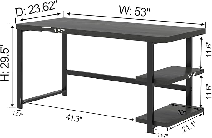 EXCEFUR Black Desk Modern Computer Desk for Home Office Metal Wood Writing Study Table Workstation with Storage Shelf for Living Room Bedroom 53 Inch