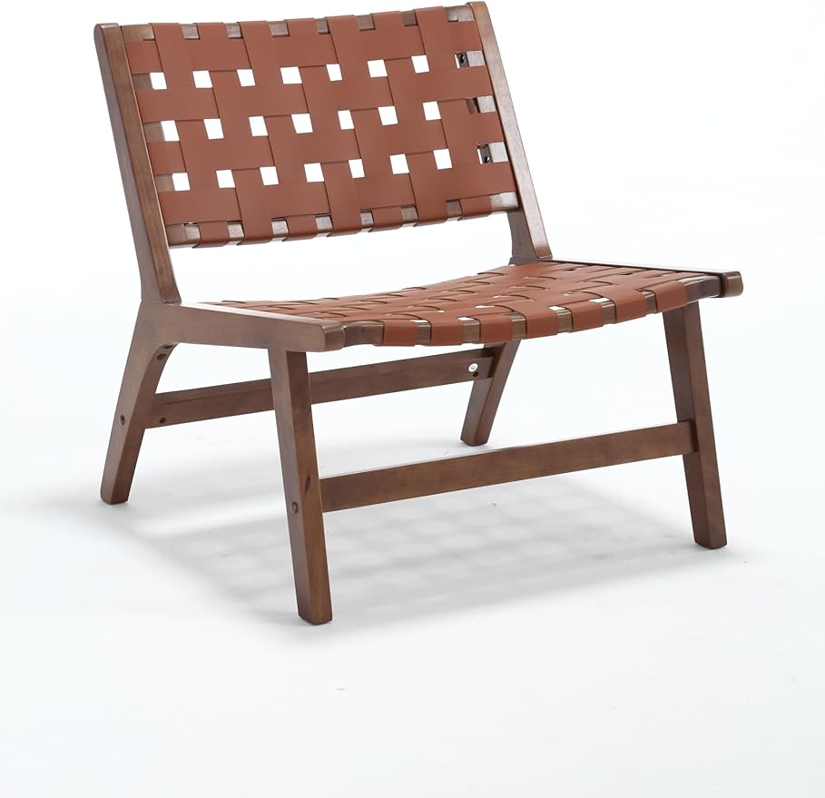 Saddle Leather Woven Leisure Chair Solid Wood Legs Suitable for Living Room Study or Balcony