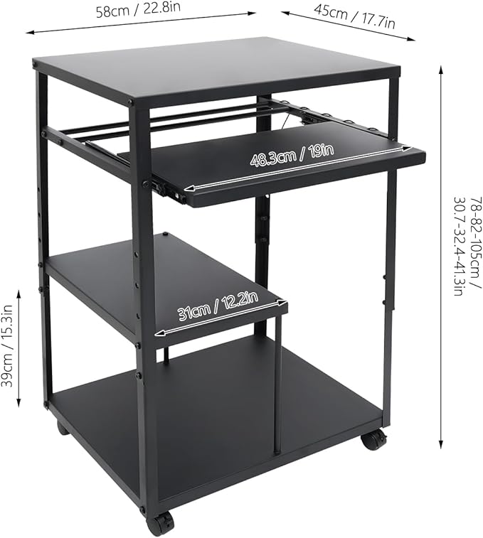 Computer Desk Height Adjustable Rolling Presentation Table w/Keyboard Tray Monitor Stand Hooks Wheels Gaming Desk Home Office Desk