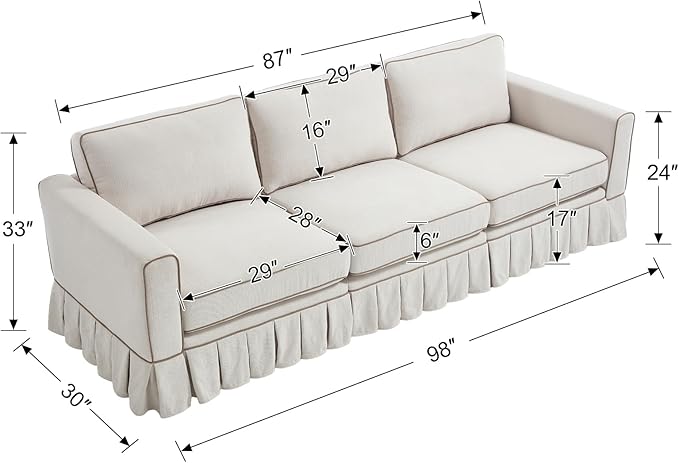 3 Seats Modular Sectional Sofa Couch 98 Modern White Linen Fabric Cloud Couches with Skirts &amp Washable Covers Oversized Upholstered Accent Sofa Couch with Deep Seat &amp Pillow for Living Room