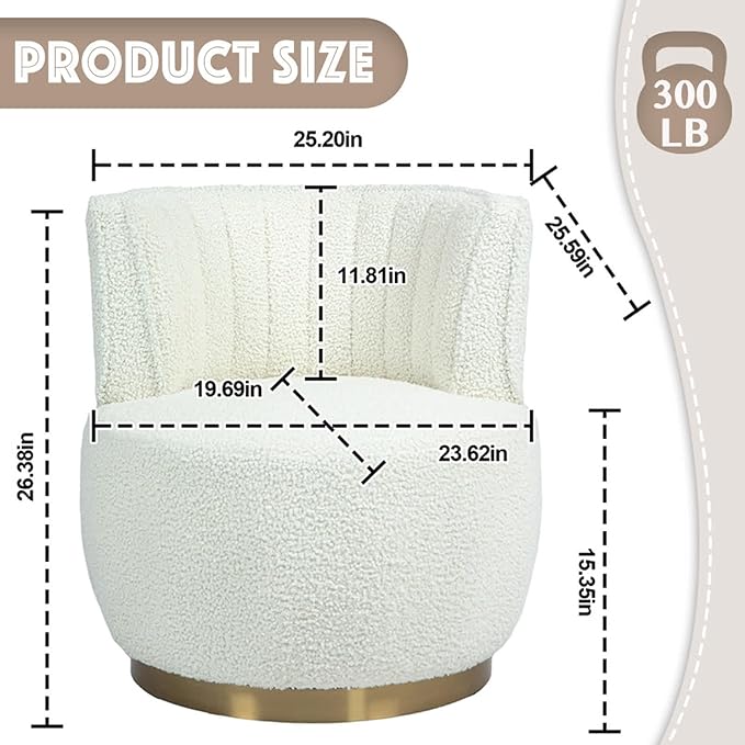 Swivel Barrel Chair White Teddy Modern Accent Chair Round Upholstered Comfy Side Chair Sherpa Chair with Gold Base for Nursery Living Room Bedroom Office Waiting Room Hotel White
