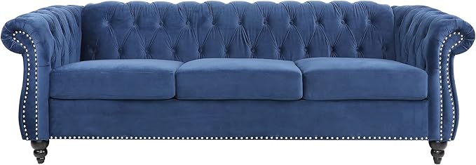 ONCIN Velvet Chesterfield Sofa 84'' Modern Tufted 3 Seater Couch with Scroll Arms and Wood Legs for Living Room Bedroom (Blue) Blue Velvet 84 In Chesterfield Sofa