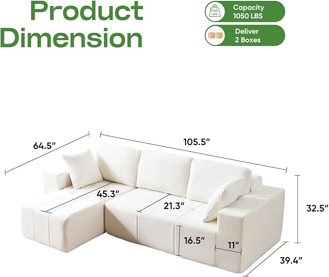 Cloud Modular Sectional Sofa Chenille Upholstered L-Shape Boneless Couch with Left Facing Chaise Sturdy Frame &amp Soft Deep Seat Cushions Sectional Couch for Living Room No Assembly Beige