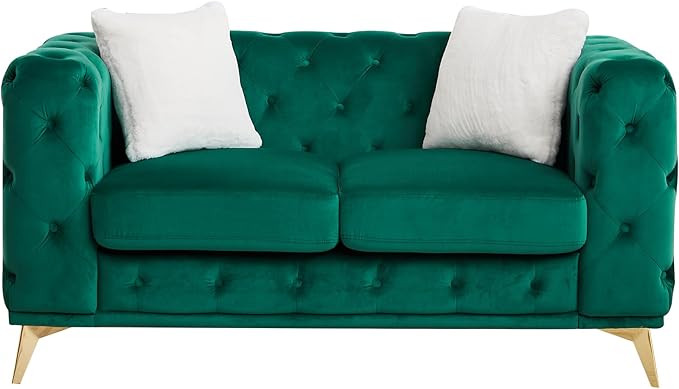61.25'' Velvet Chesterfield Sofa Button Tufted Upholstered Love Seat Sofa Couch with 2 Pillows Golden Metal Feets Removable Thick Cushions Small Loveseat Couches for Living Room Apartment Green