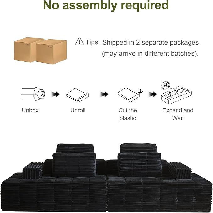 113 Modular Boneless Couch with 2 Movable Armrests Plush Corduroy Sectional Sofa Loveseat Ergonomic Memory Foam Straight-Row Cloud Couch for Living Room Bedroom Lounge Black
