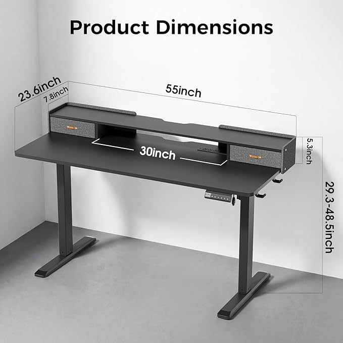 Electric Standing Desk with Drawers 55 Inch Height Adjustable Desk with Power Outlets &amp LED Lights Sit Stand Table with Monitor Stand for Home Office Black