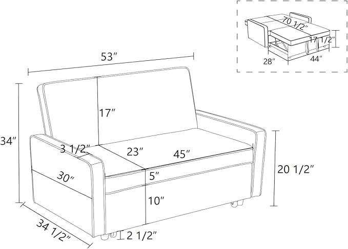 3-in-1 Convertible Sofa Sleeper Bed 2-Seat Comfy Lounge Loveseat with Adjustable Backrest Flannel Pull Out Fabric Lazy Couch Chaise Perfect for Home Apartment Dorm Office Living Room Gray