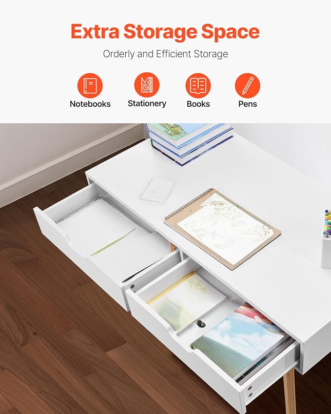 VEVOR Small Desk with Drawers Kids Desk for Bedroom Wooden Simple Study Table for Drawing Reading Writing Rectangle MDF Furniture Study Storage Table for Home Office White + Wood