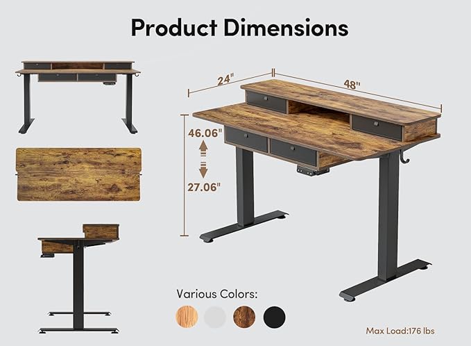 BANTI Height Adjustable Electric Standing Desk with 4 Drawers 48 x 24 Inch Table with Storage Shelf Sit Stand Desk Rustic Brown Top