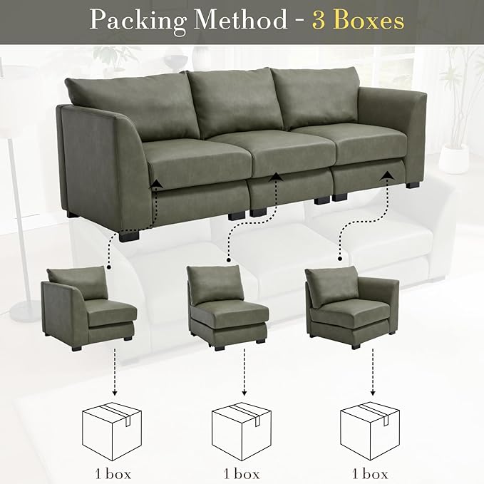 HEAH-YO 91 Inch Modular Sectional Sofa 3-Seater Sectional Couch with High Density Foam Comfy Cloud Couch for Living Room PU Green