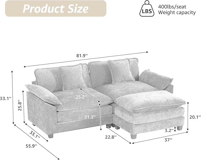 81.9 Modern Love Seat Sectional Couches for Living Room Green Chenille Comfy Cloud Sectional Couch Modular Loveseat Sofa for Living Room 1 Ottoman Sofas para Sala L Shaped Sofa (Green 2+1 Set)