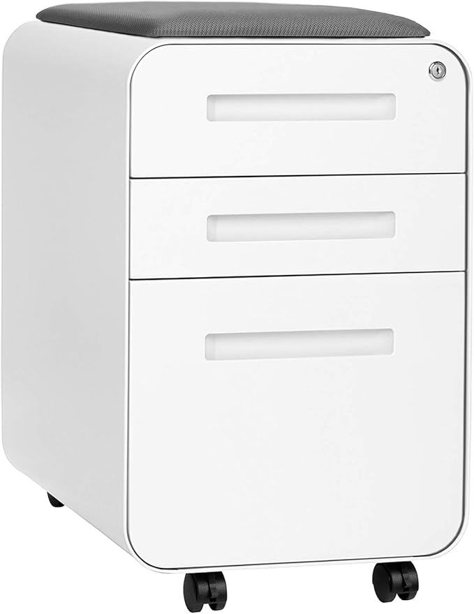 Laura Davidson Furniture STOCKPILE Curve Seated 3-Drawer Mobile File Cabinet with Removable Magnetic Cushion Seat - Metal Filing Cabinet Pre-Assembled White with Dark Grey Cushion