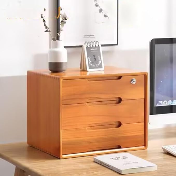 Desktop File Cabinet Solid Wood Storage Box with Lock Desktop Organizer Storage Box Rustic Dresser Desk Drawers Organizer and Accessories Locking Filing Cabinet (B 3 Drawer)