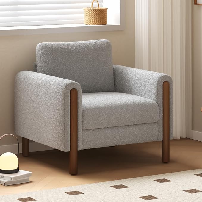 Chair ReclinerReclining ChairOversized Upholstered Accent Chair Comfy Living Room Sofa Chair with Walnut Legs and Curved Armrest Plush Teddy Fabric for Bedroom (Grey + Teddy)
