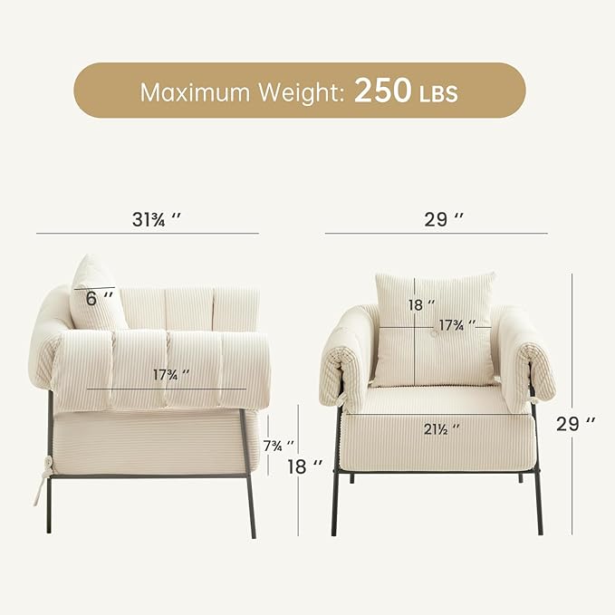 Furniliving Modern Accent Chairs Comfy Chairs with Pillow Lounge Chair Reading Chair for Living Room Upholstered Bedroom Arm Chair with Metal Frame Armchair Soft Cushion Corduroy Beige