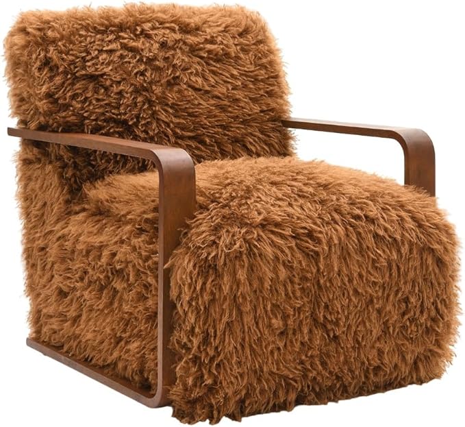 Comfortable Faux Fur Reading ChairModern Luxury Accent Chair Side Chairs with Curved Wooden Armrests for ApartmentLiving RoomOfficeStudyCamel+Brown