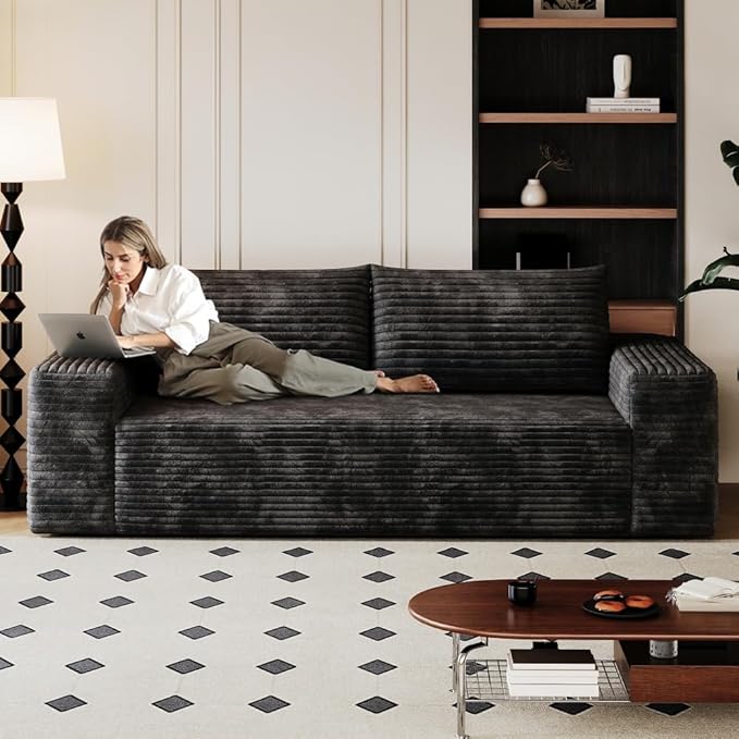 71 Cloud Compressed Sofa Corduroy Fabric Loveseat Deep 3 Seat Boneless Couch No Assembly for Living Room Bedroom Conference Room Apartment (Black-71)