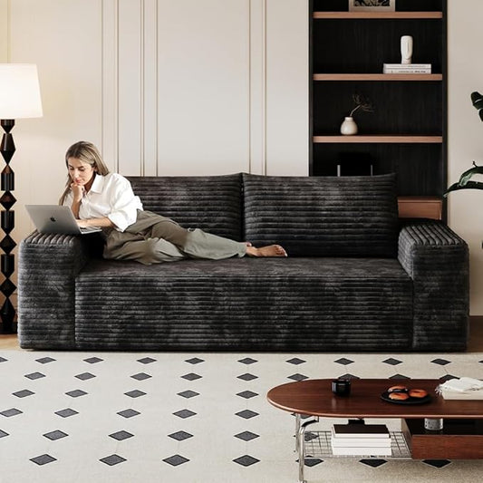 71 Cloud Compressed Sofa Corduroy Fabric Loveseat Deep 3 Seat Boneless Couch No Assembly for Living Room Bedroom Conference Room Apartment (Black-71)
