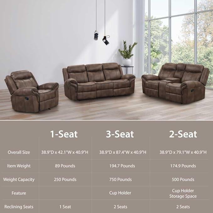 24/7 Shop at Home Amos Oversized Nursery Glider Recliner Chairs for Adults Manual Comfy Reading Couch Overstuffed Reclining Loveseat Sofa Adjustable Comfy Theater Seating for Living Room Brown