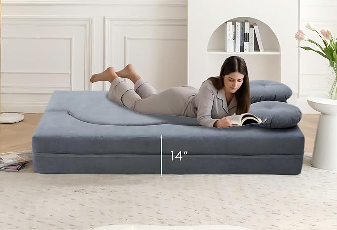 76 Convertible Folding Futon Sofa Bed Queen Sleeper Sofa with Pillow Teddy Fabric Floor &amp Futon Loveseat Couch Foam Folding Mattress Sleeper for Living Room Guest Use OfficeApartment (Grey)