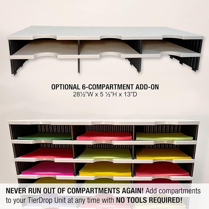Ultimate Office TierDrop Desktop Organizer Document Forms Mail and Classroom Sorter with Optional Add-On Tiers for Easy Expansion (Gray w/Black 6-Compartment Unit)