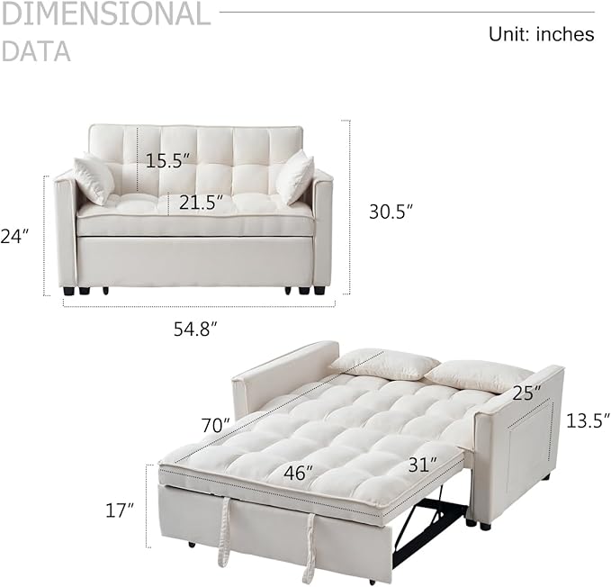 Velvet Convertible Sleeper Sofa 3-in-1 Pull Out Couch Bed with PillowsAdjustable BackrestStorage Pockets with Armrests for Living Room &amp Bedroom (White) | Pull Out Couch Bed