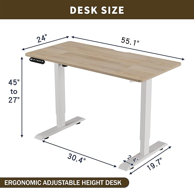 Electric Standing Desk 55 x 24 Inch Height Adjustable Desk Sit Stand Desk with Type-C Charging and Memory Preset Computer Desk for Home Office (Oak)
