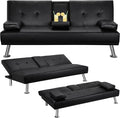 Convertible Folding Futon Sofa Bed with Metal Legs &amp 2 Cupholders Modern New Upholstered Couch Loveseat Sleeper Folding Couches Bed Removable Armrests for Small Spaces (Black)